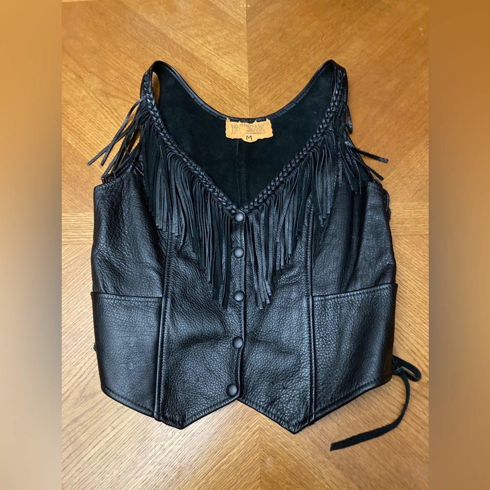 Women’s Handmade Black Leather Fringe Vest Size Medium